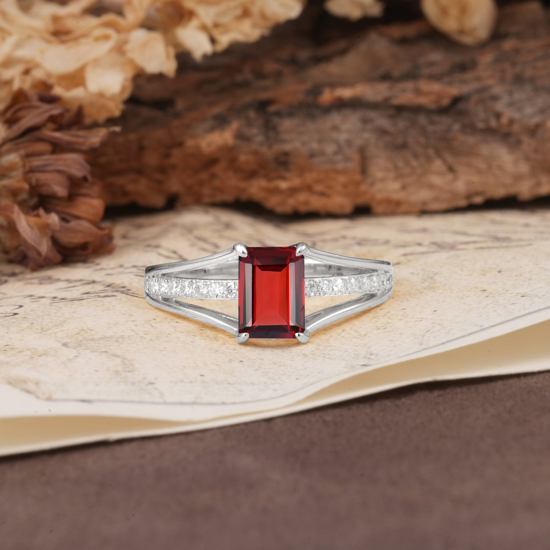 Unique and Luxurious 4-Prong Emerald Cut Garnet Engagement Ring - Additional view