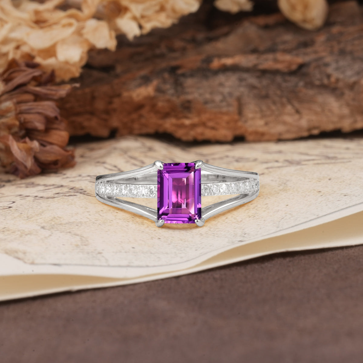 Unique and Luxurious 4-Prong Emerald Cut Amethyst Engagement Ring - Additional view