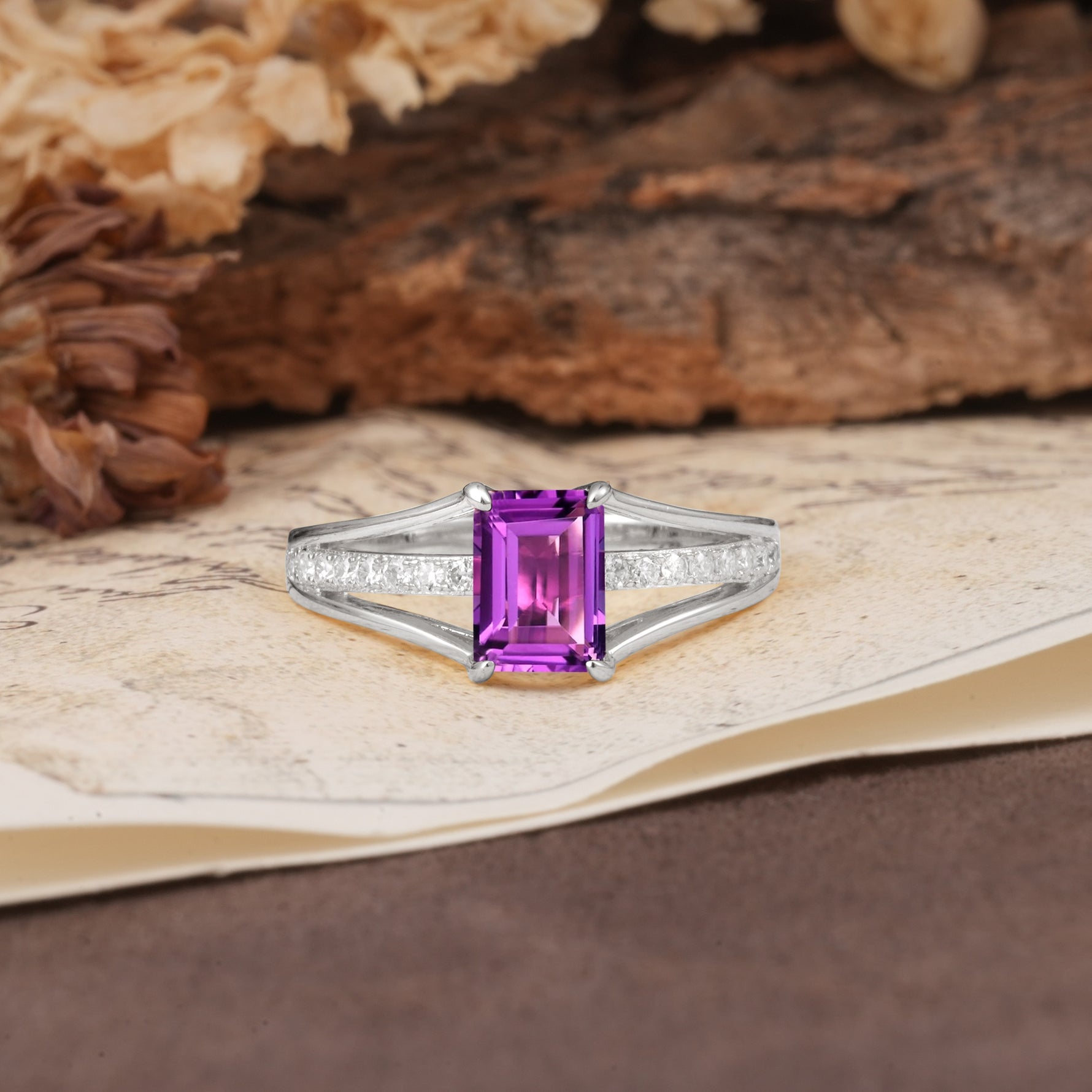 Unique and Luxurious 4-Prong Emerald Cut Amethyst Engagement Ring - Additional view