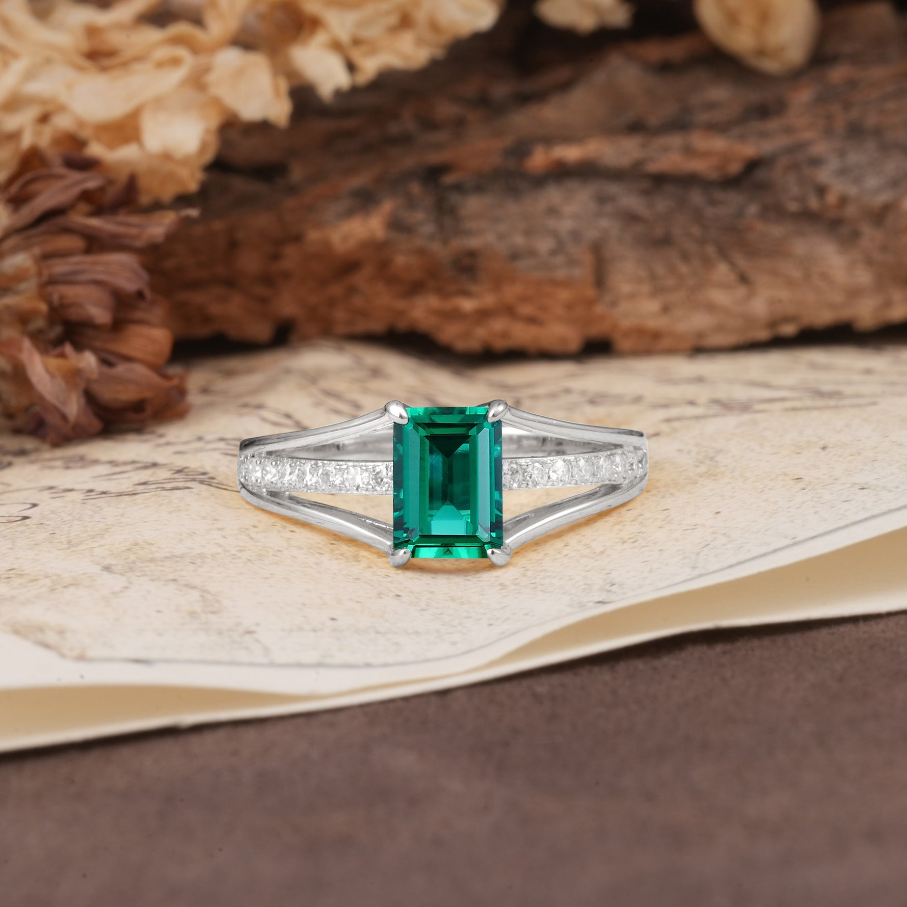 Unique and Luxurious 4-Prong Emerald Cut Emerald Engagement Ring - Additional view