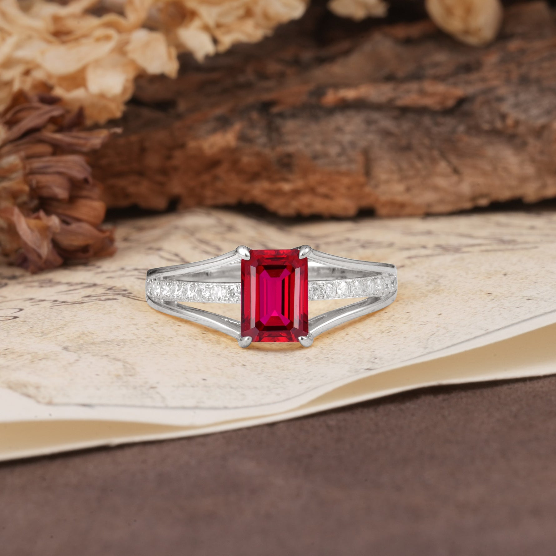 Unique and Luxurious 4-Prong Emerald Cut Ruby Engagement Ring - Additional view