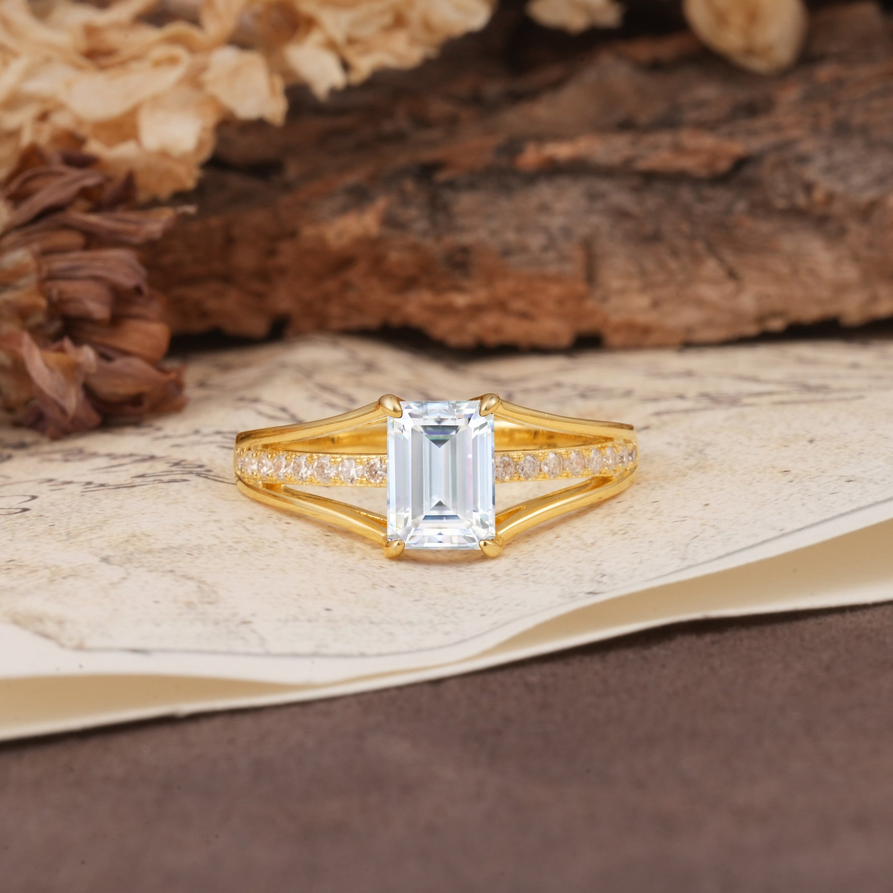 Unique and Luxurious 4-Prong Emerald Cut Moissanite Engagement Ring - Additional view