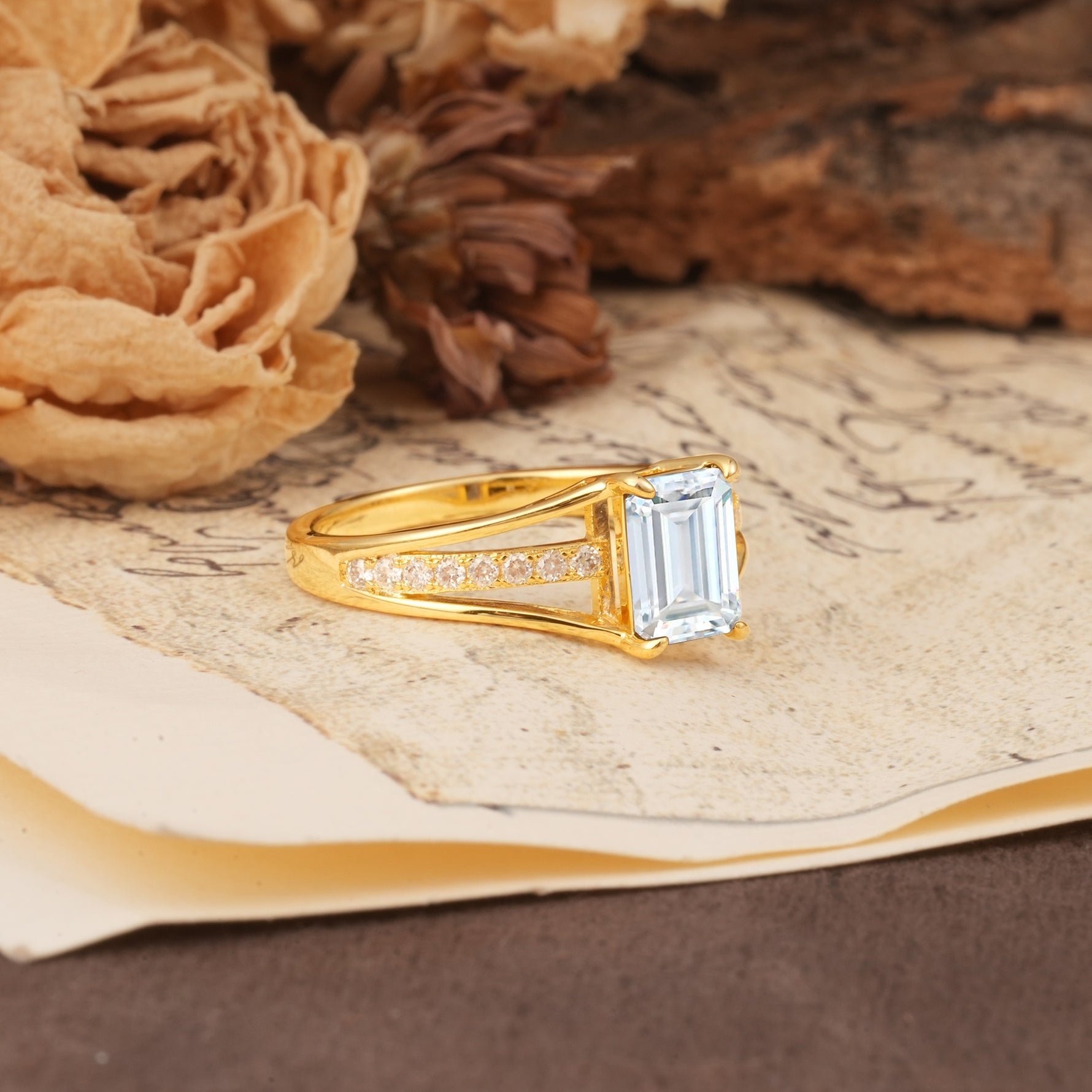 Unique and Luxurious 4-Prong Emerald Cut Moissanite Engagement Ring - Additional view