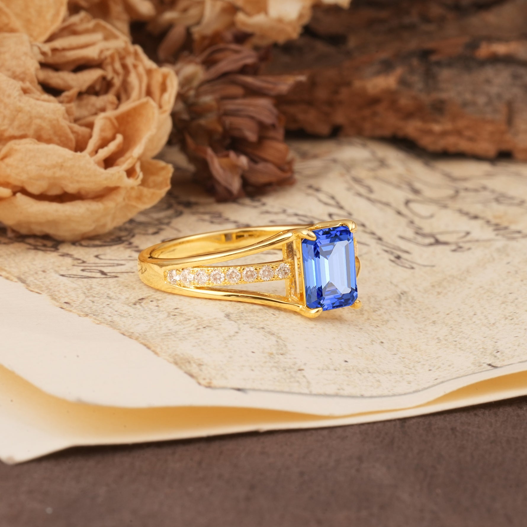 Unique and Luxurious 4-Prong Emerald Cut Sapphire Engagement Ring - Additional view