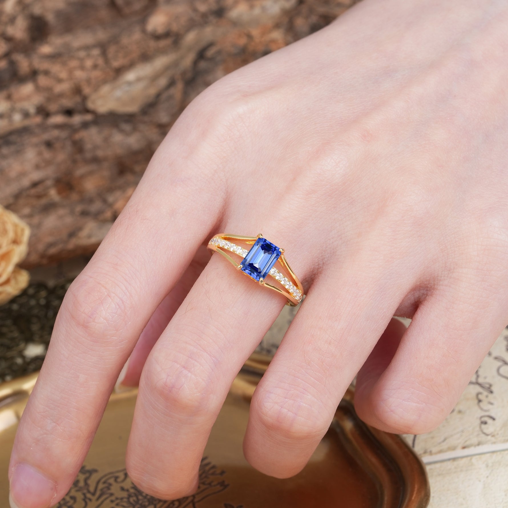 Unique and Luxurious 4-Prong Emerald Cut Sapphire Engagement Ring - Additional view