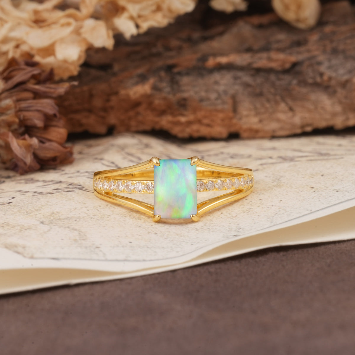Unique and Luxurious 4-Prong Emerald Cut Fire Opal Engagement Ring - Additional view