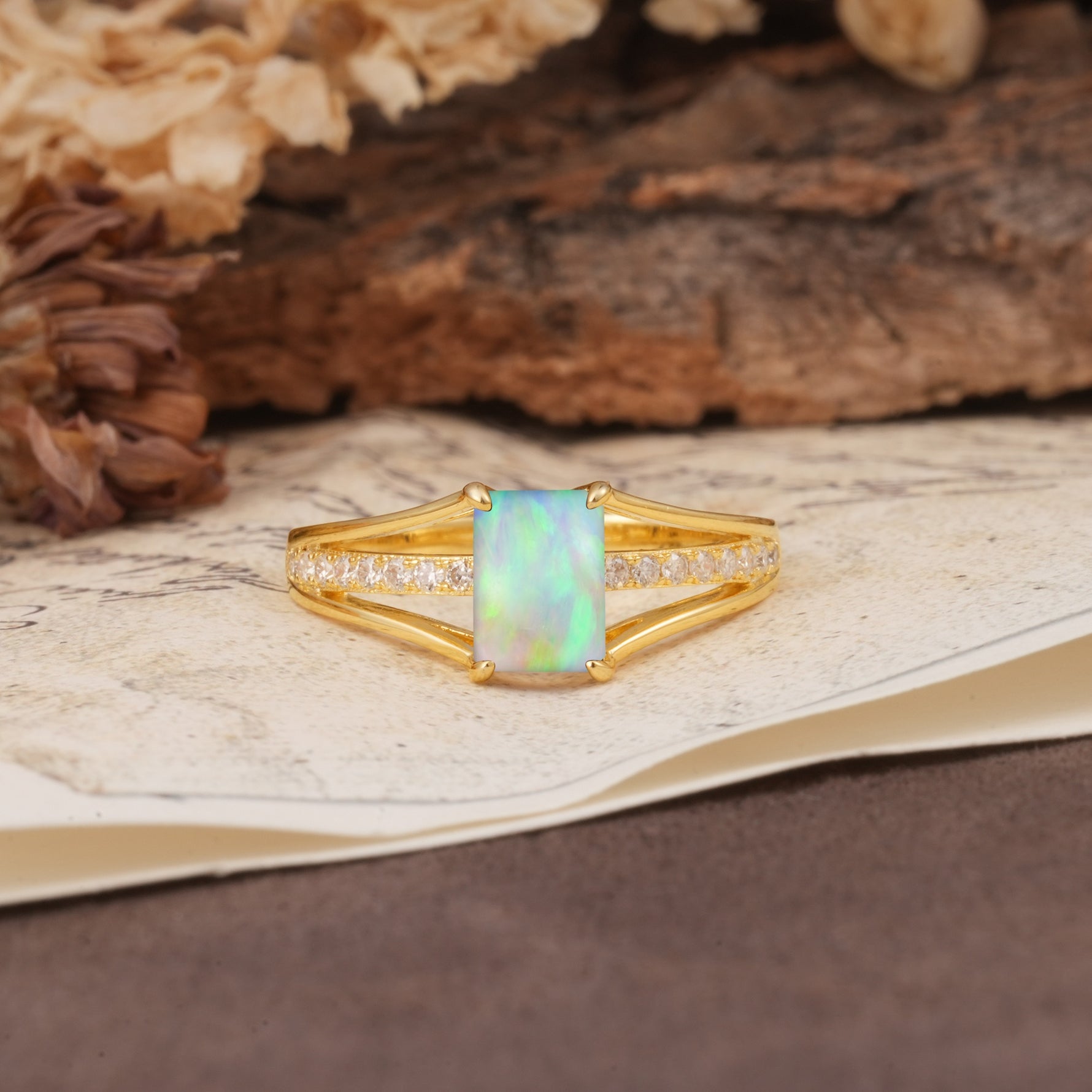 Unique and Luxurious 4-Prong Emerald Cut Fire Opal Engagement Ring - Additional view