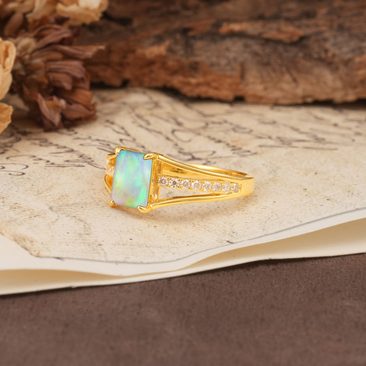 Unique and Luxurious 4-Prong Emerald Cut Fire Opal Engagement Ring - Additional view