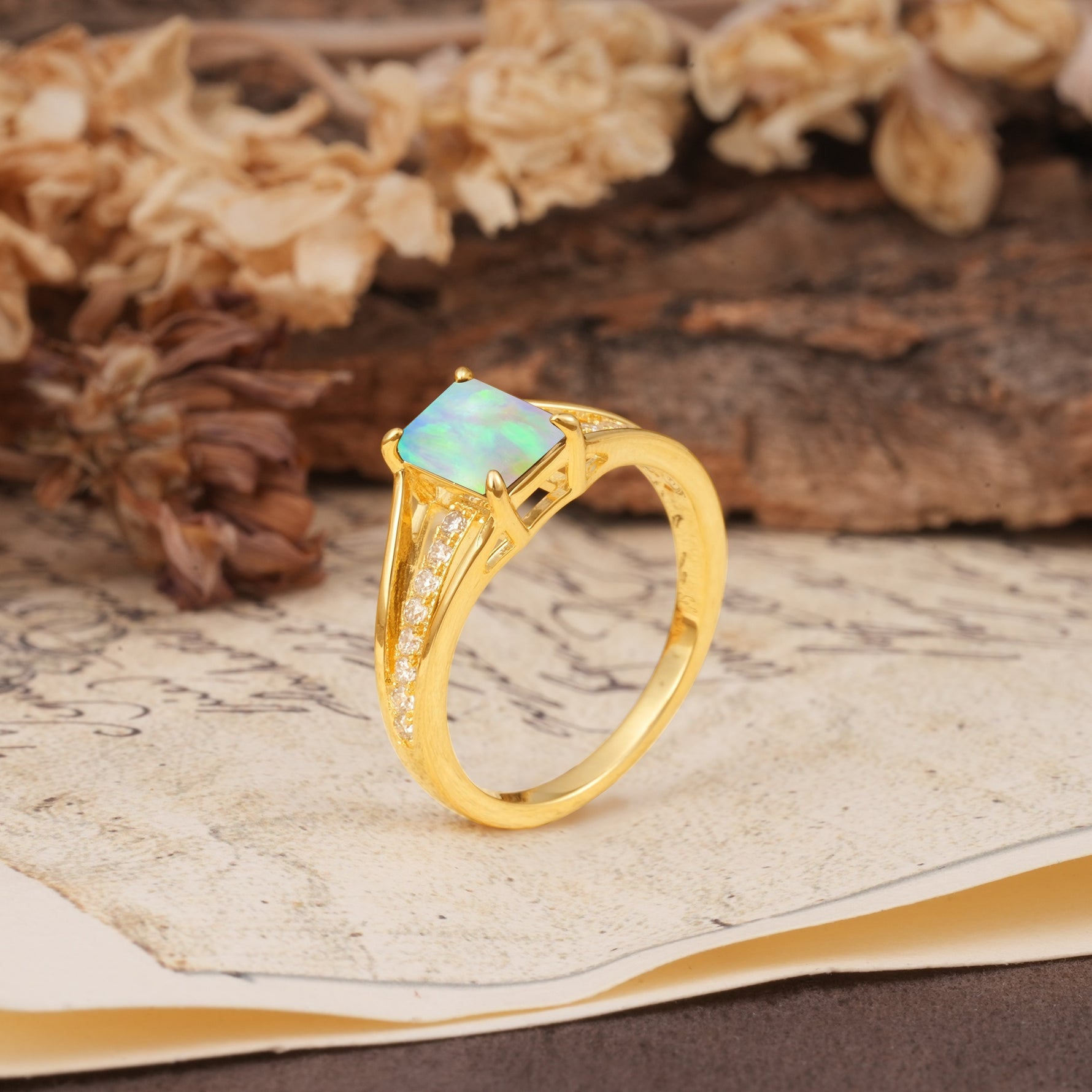 Unique and Luxurious 4-Prong Emerald Cut Fire Opal Engagement Ring - Additional view