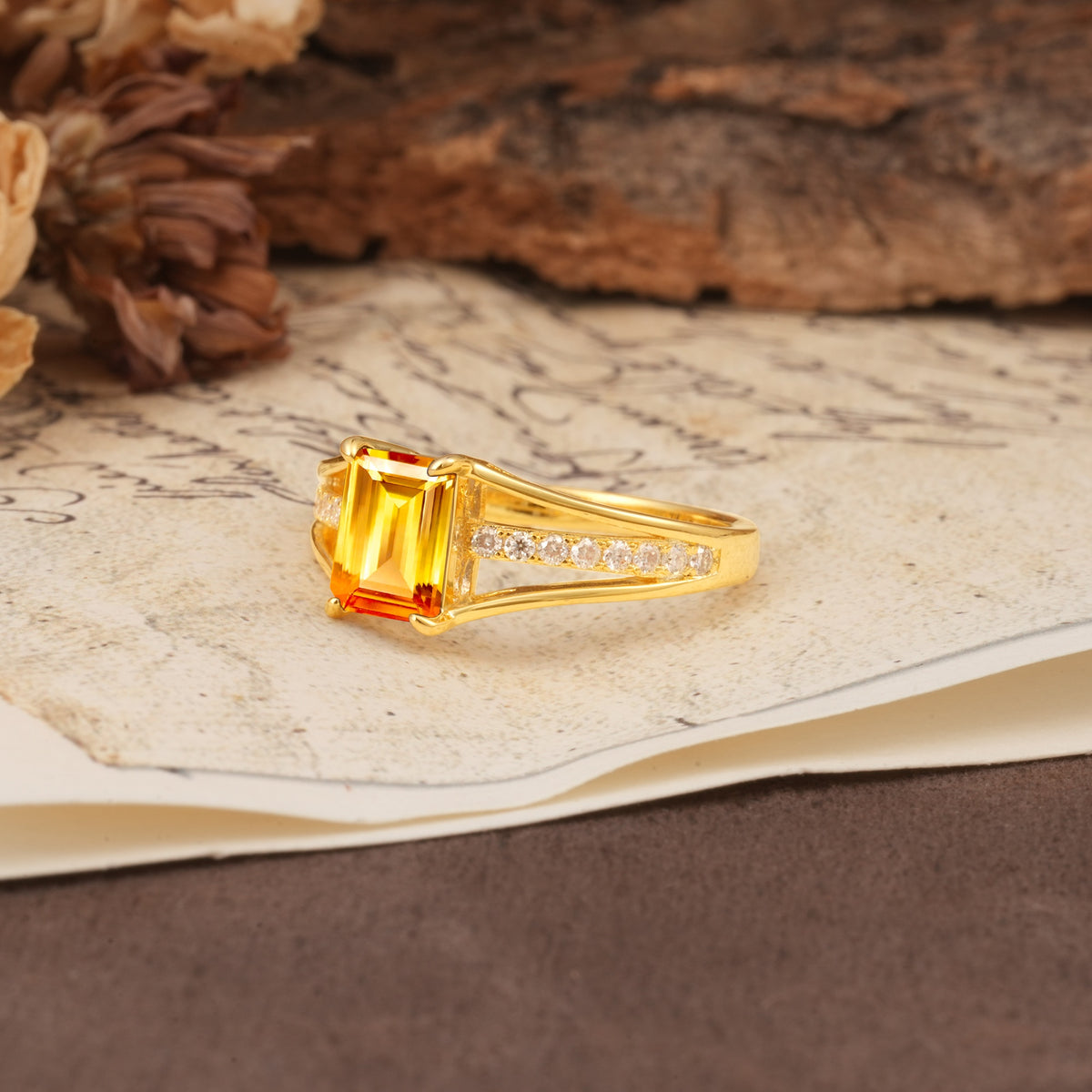 Unique and Luxurious 4-Prong Emerald Cut Citrine Engagement Ring - Additional view
