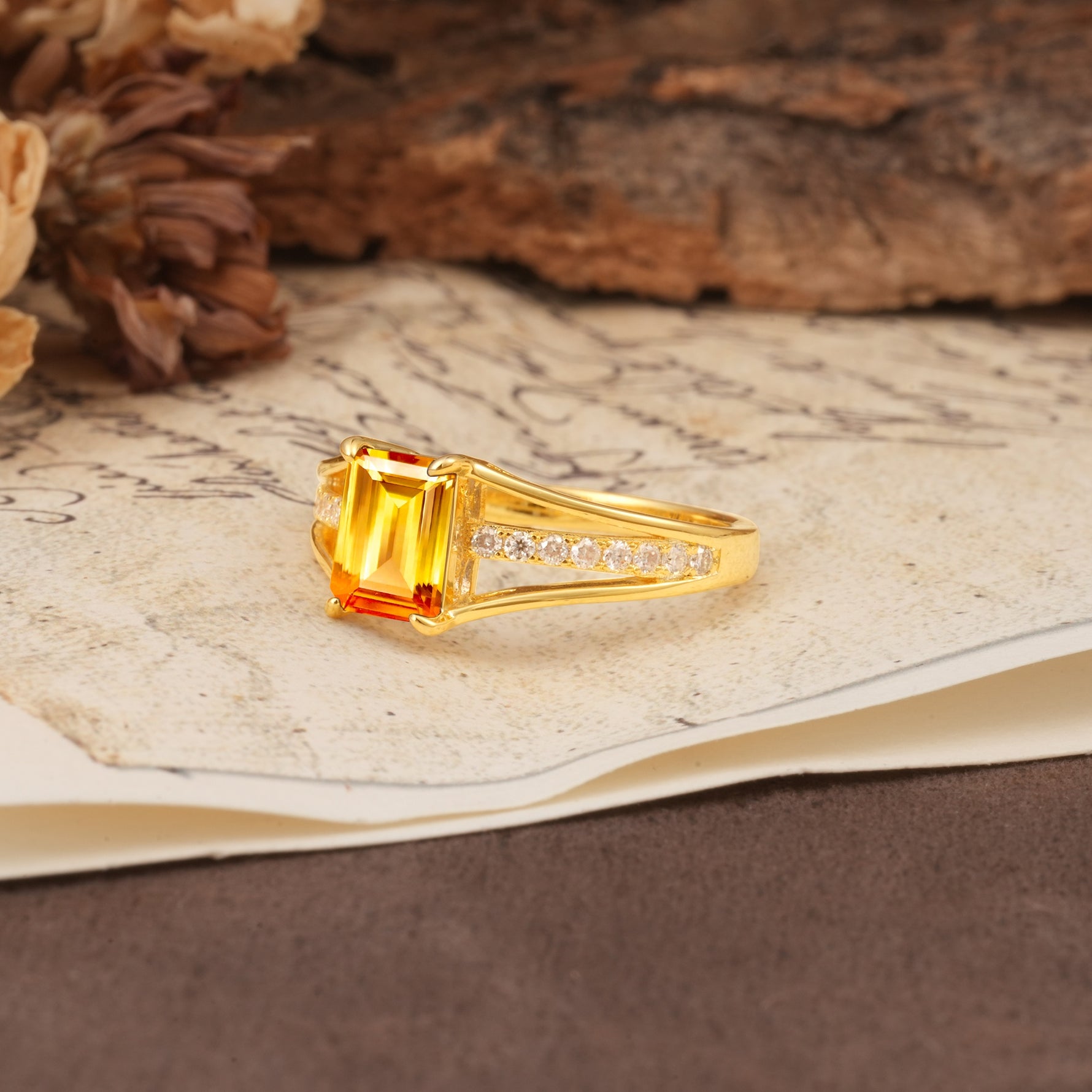 Unique and Luxurious 4-Prong Emerald Cut Citrine Engagement Ring - Additional view