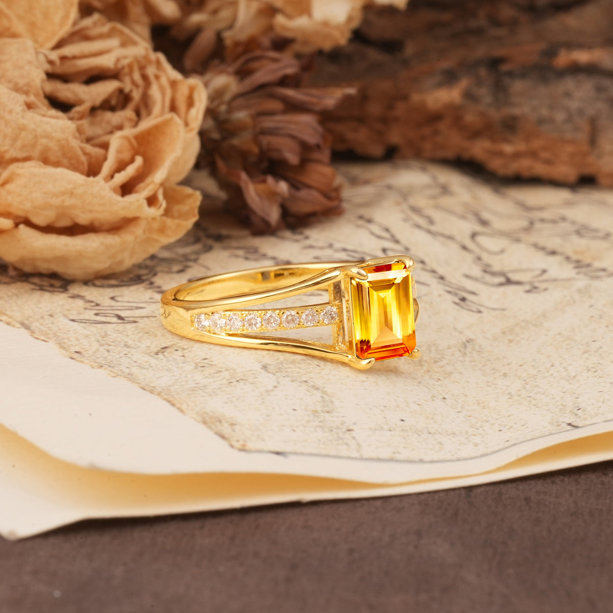 Unique and Luxurious 4-Prong Emerald Cut Citrine Engagement Ring - Additional view