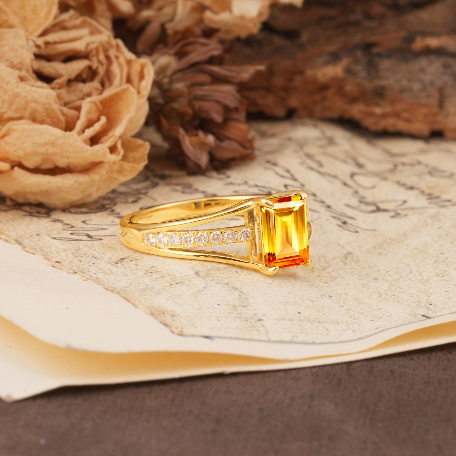 Unique and Luxurious 4-Prong Emerald Cut Citrine Engagement Ring - Additional view