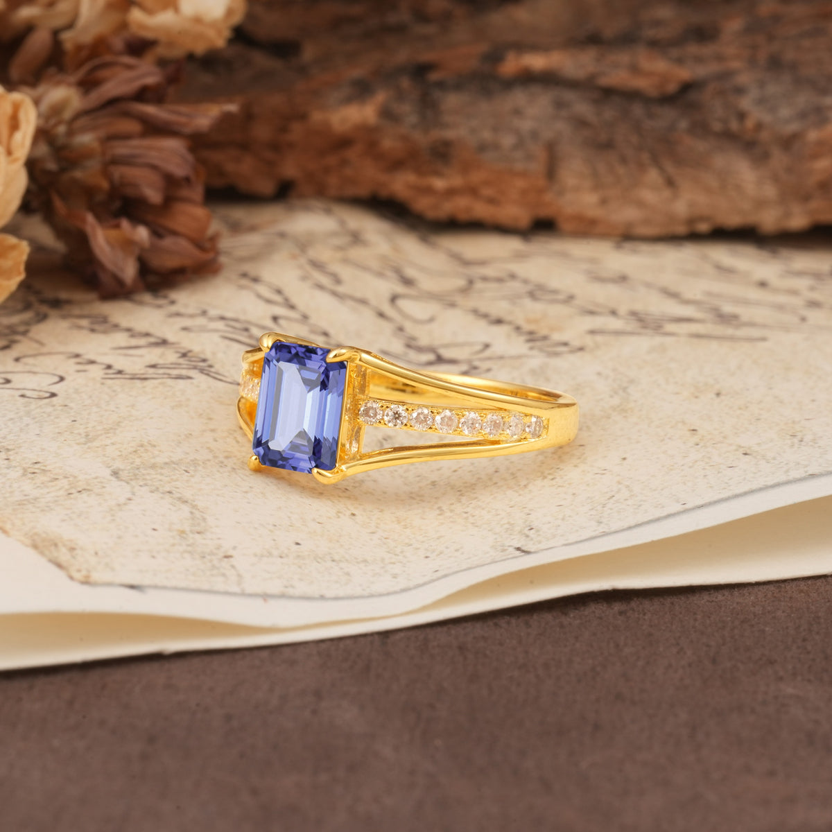 Unique and Luxurious 4-Prong Emerald Cut Tanzanite Engagement Ring - Additional view