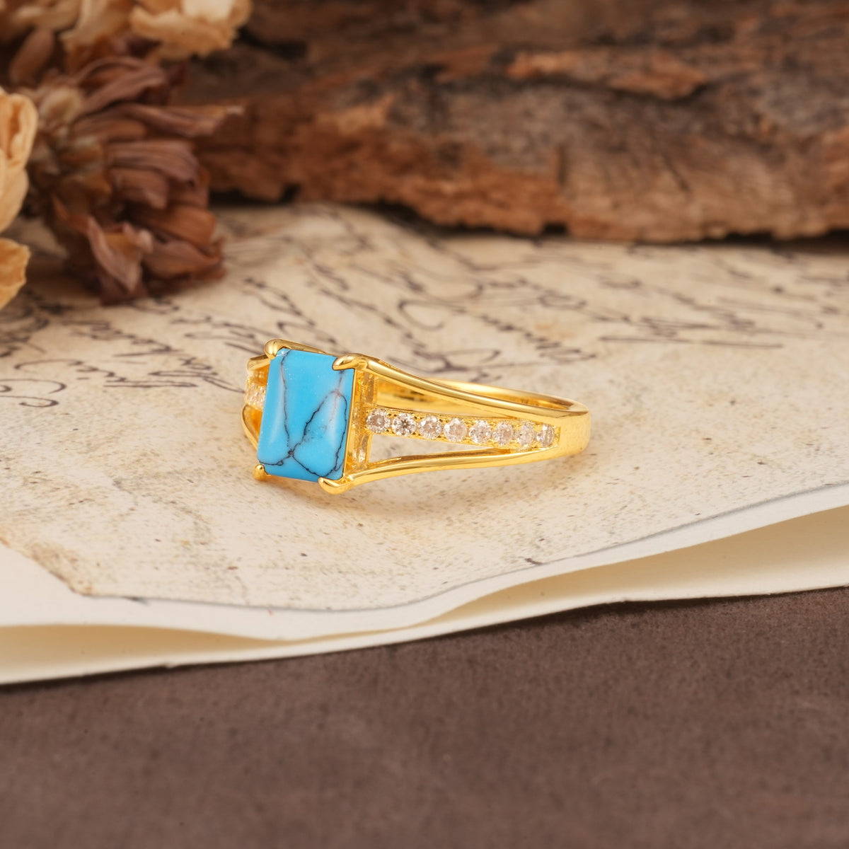 Unique and Luxurious 4-Prong Emerald Cut Turquoise Engagement Ring - Additional view