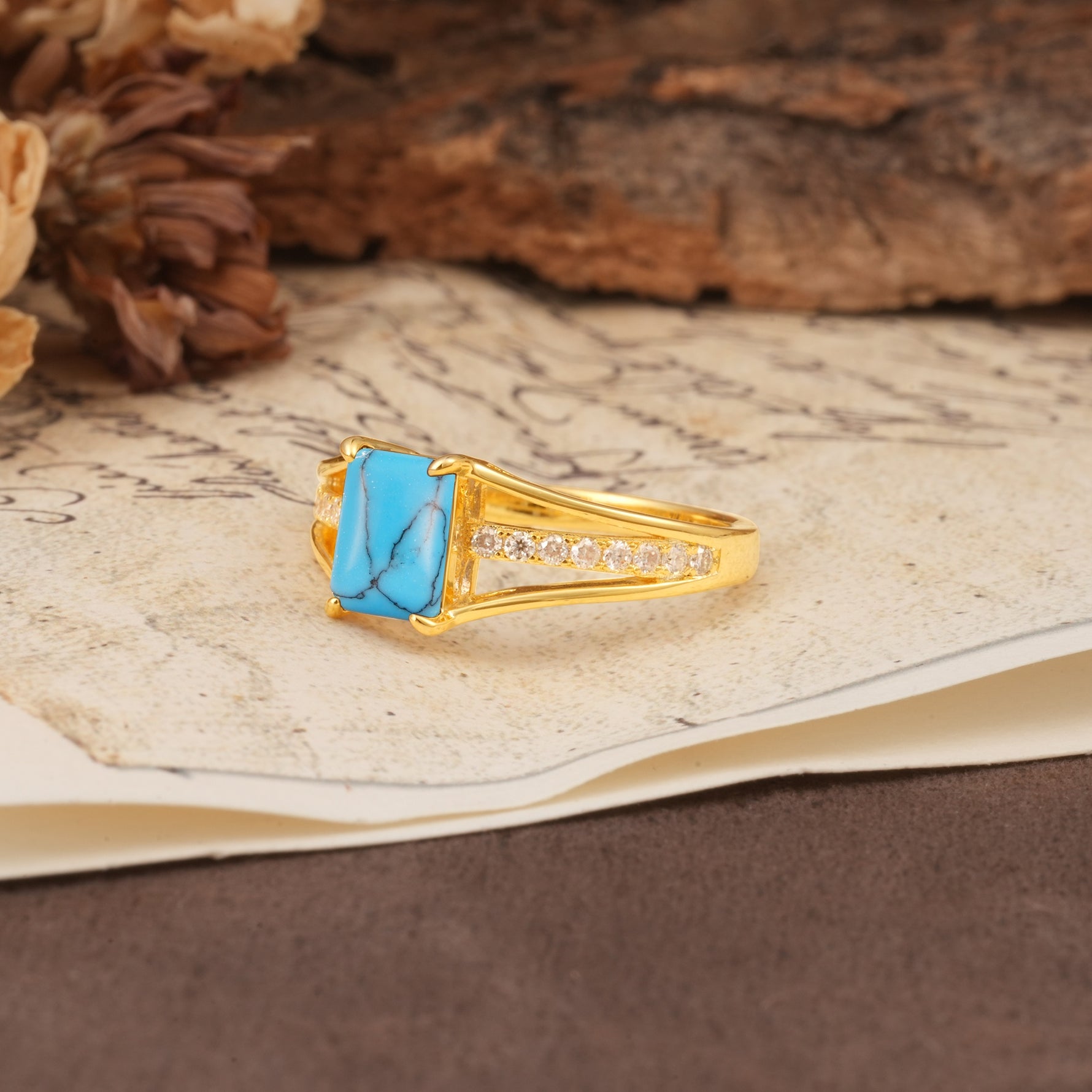 Unique and Luxurious 4-Prong Emerald Cut Turquoise Engagement Ring - Additional view