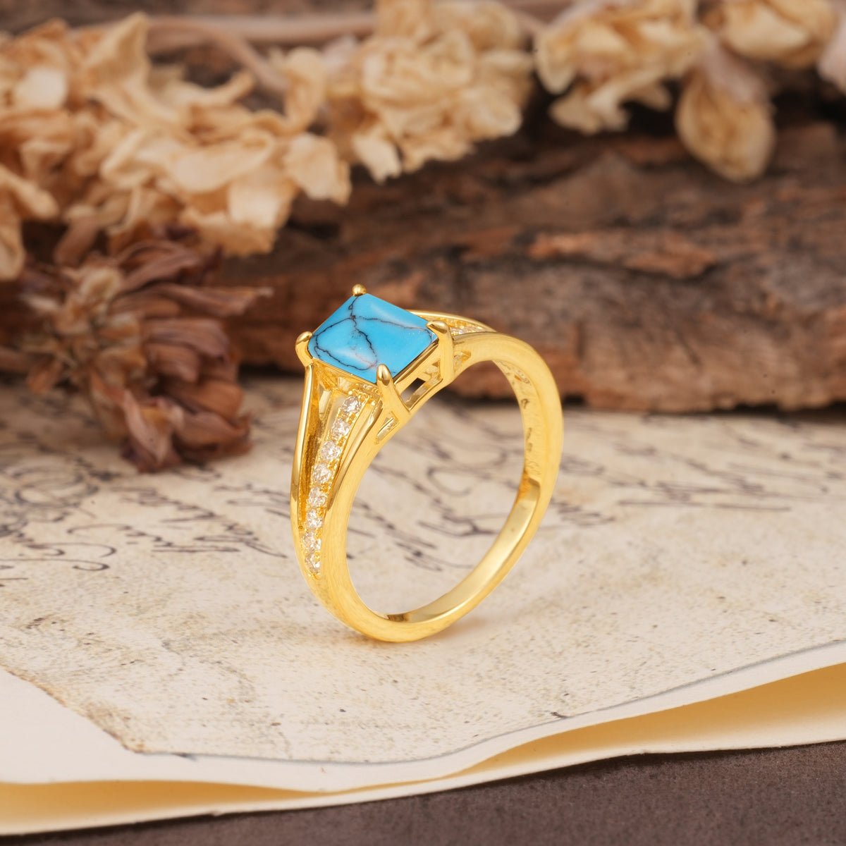 Unique and Luxurious 4-Prong Emerald Cut Turquoise Engagement Ring - Additional view