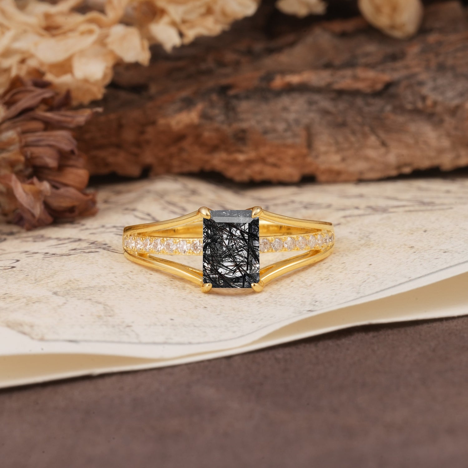 Unique and Luxurious 4-Prong Emerald Cut Black Rutilated Quartz Engagement Ring - Additional view