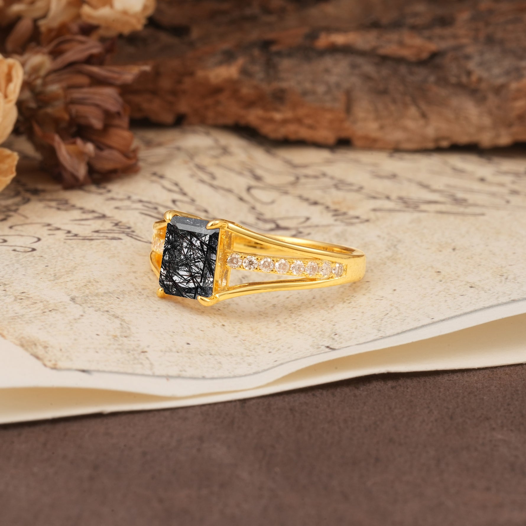Unique and Luxurious 4-Prong Emerald Cut Black Rutilated Quartz Engagement Ring - Additional view