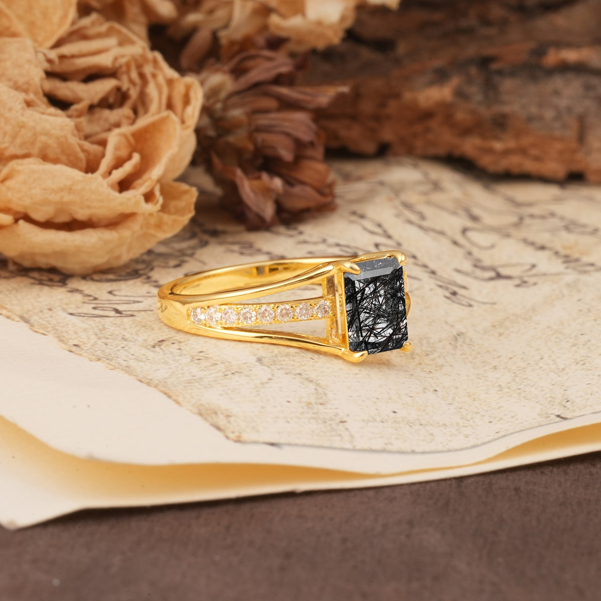 Unique and Luxurious 4-Prong Emerald Cut Black Rutilated Quartz Engagement Ring - Additional view