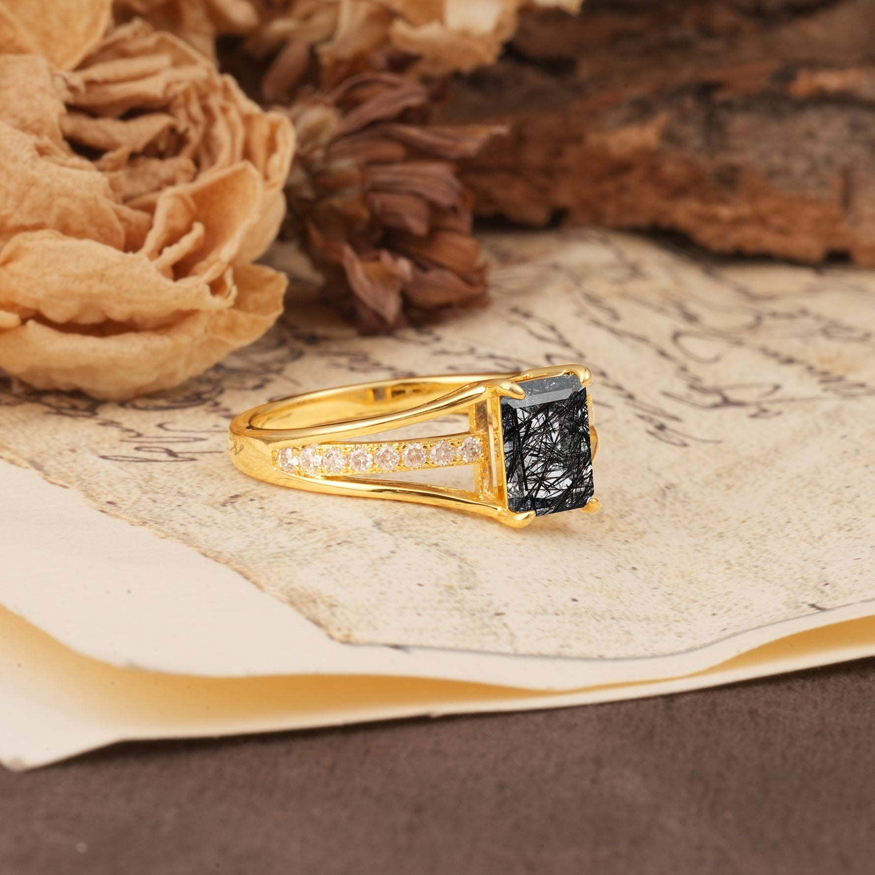 Unique and Luxurious 4-Prong Emerald Cut Black Rutilated Quartz Engagement Ring - Additional view