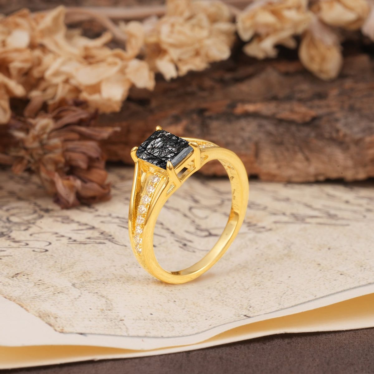 Unique and Luxurious 4-Prong Emerald Cut Black Rutilated Quartz Engagement Ring - Additional view