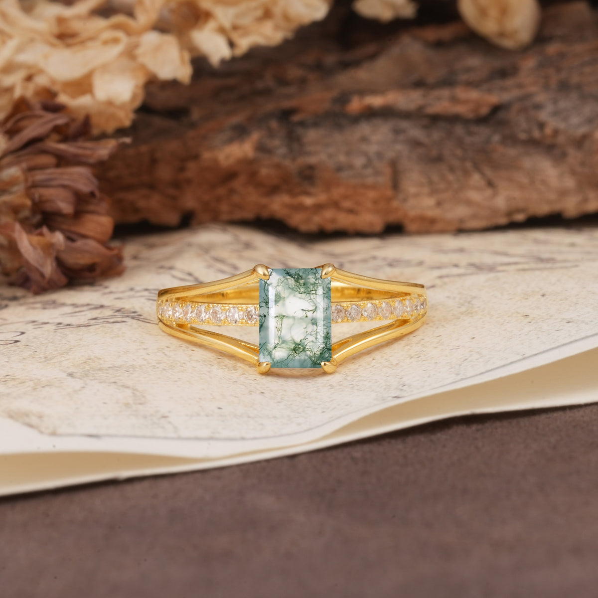 Unique and Luxurious 4-Prong Emerald Cut Moss Agate Engagement Ring - Additional view