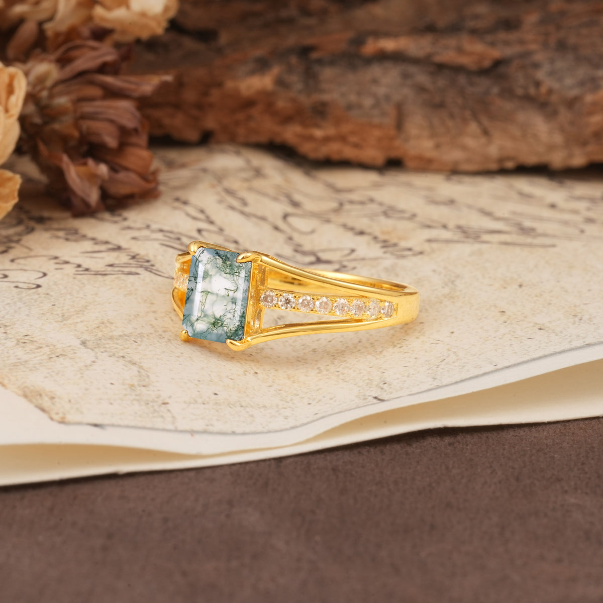 Unique and Luxurious 4-Prong Emerald Cut Moss Agate Engagement Ring - Additional view