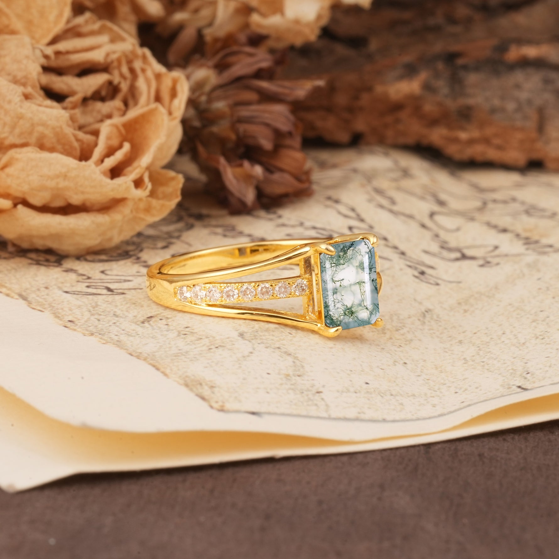 Unique and Luxurious 4-Prong Emerald Cut Moss Agate Engagement Ring - Additional view