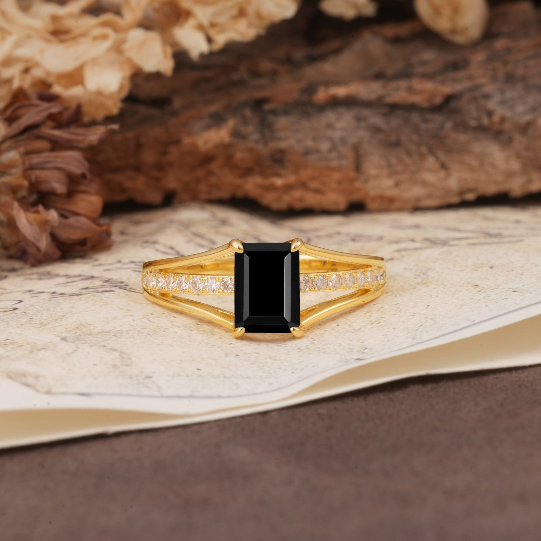 Unique and Luxurious 4-Prong Emerald Cut Black Onyx Engagement Ring - Additional view