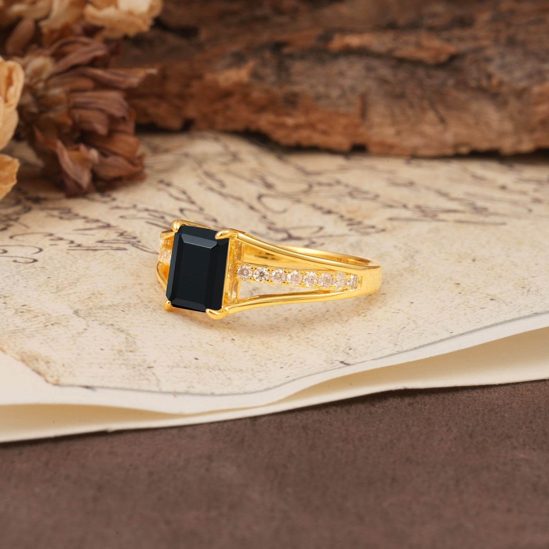 Unique and Luxurious 4-Prong Emerald Cut Black Onyx Engagement Ring - Additional view