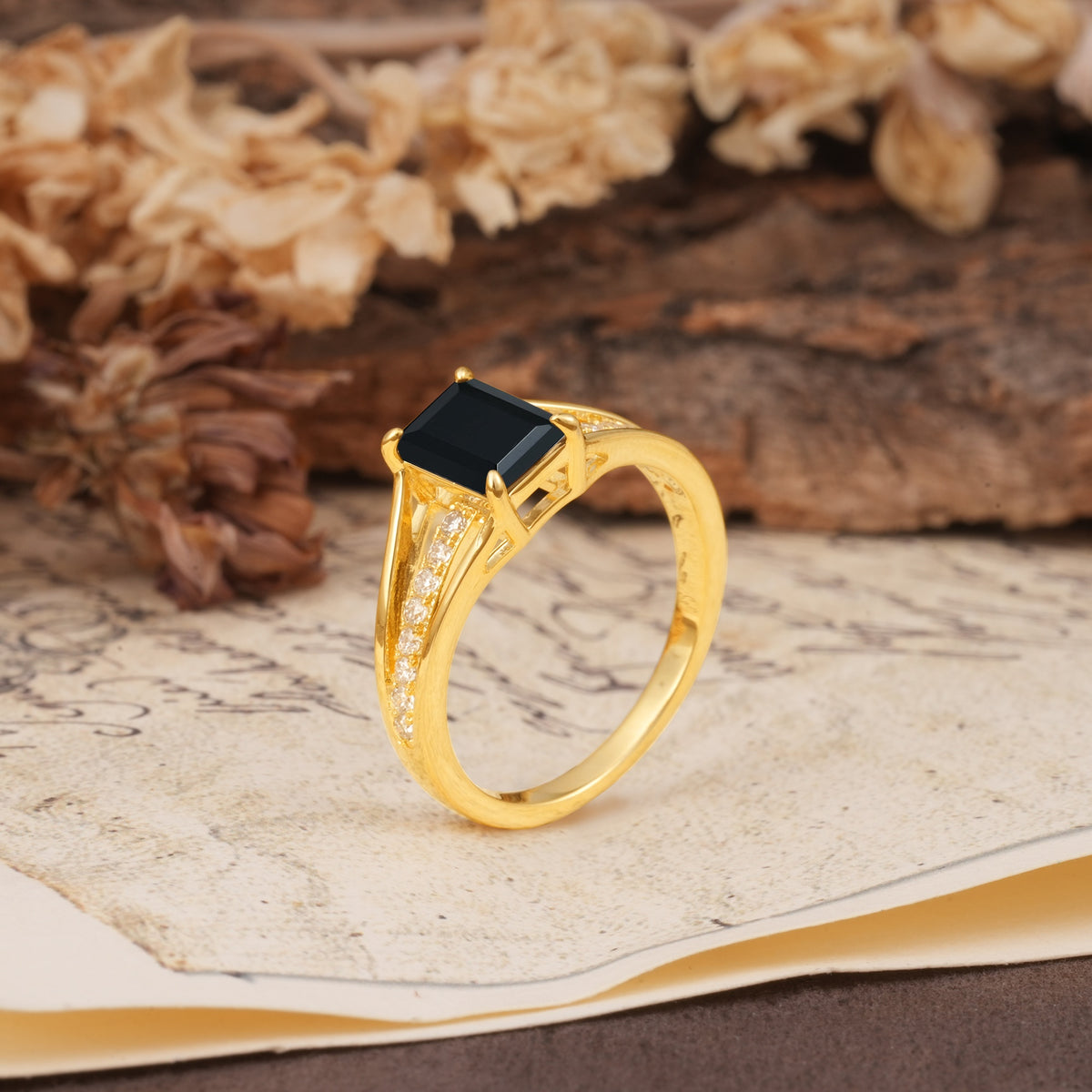 Unique and Luxurious 4-Prong Emerald Cut Black Onyx Engagement Ring - Additional view