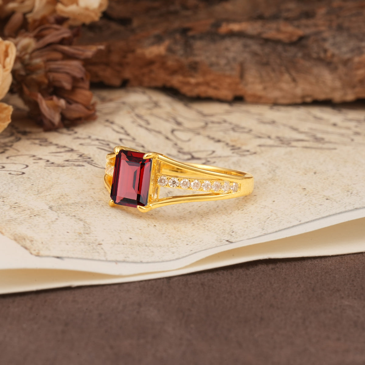 Unique and Luxurious 4-Prong Emerald Cut Garnet Engagement Ring - Additional view