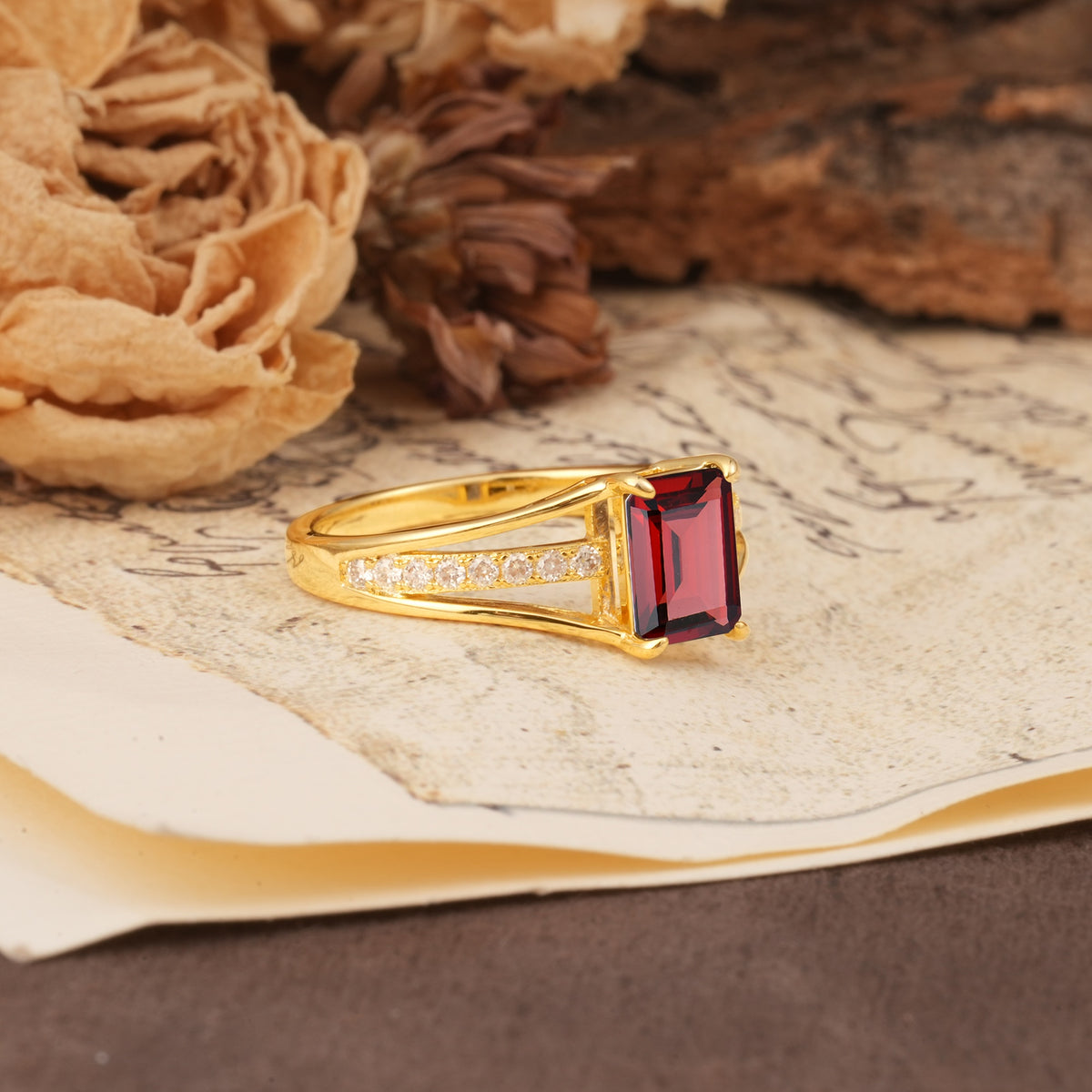 Unique and Luxurious 4-Prong Emerald Cut Garnet Engagement Ring - Additional view