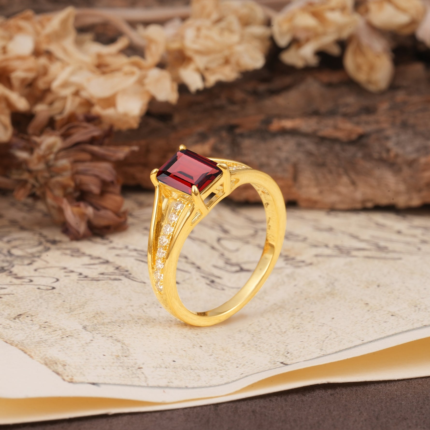 Unique and Luxurious 4-Prong Emerald Cut Garnet Engagement Ring - Additional view