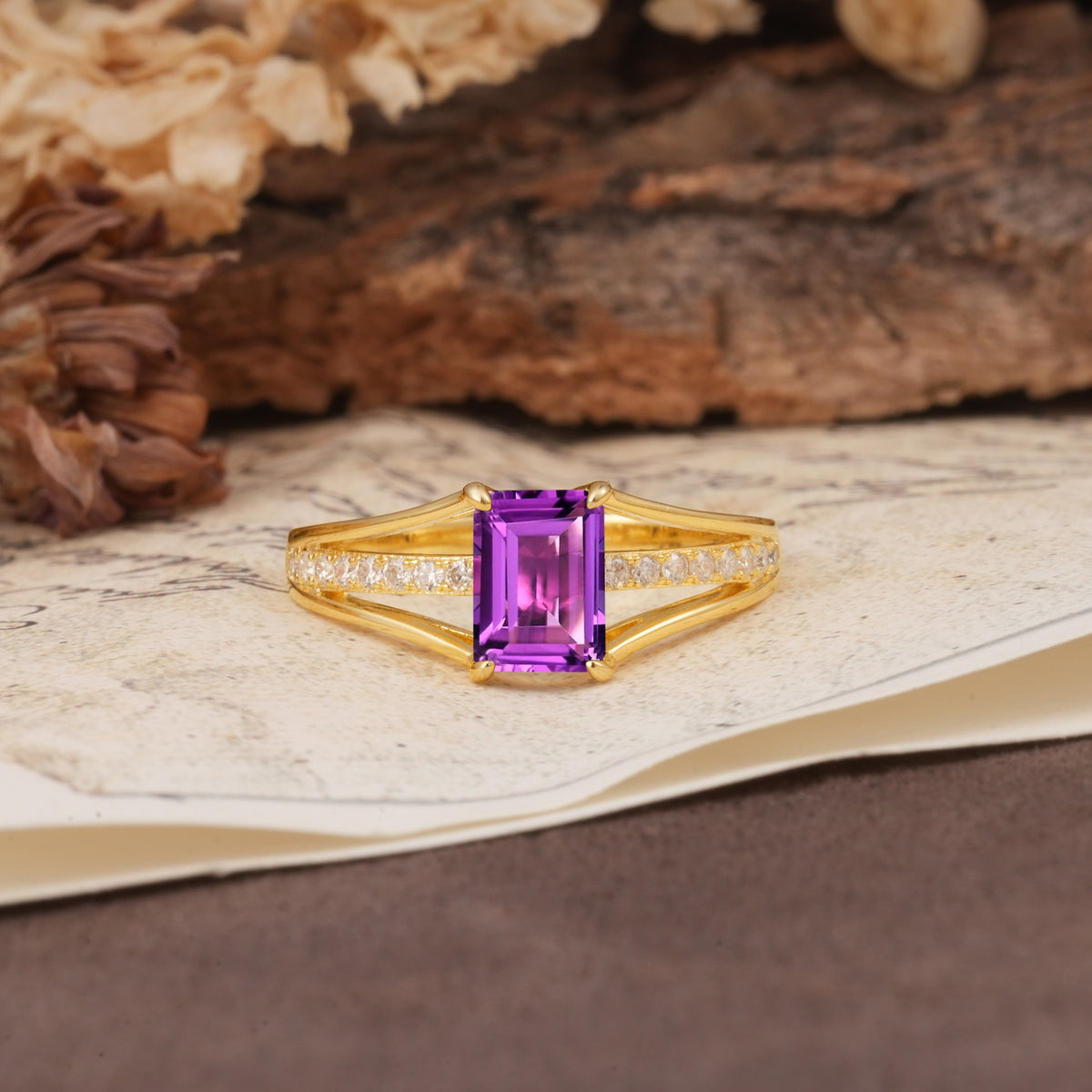 Unique and Luxurious 4-Prong Emerald Cut Amethyst Engagement Ring - Additional view