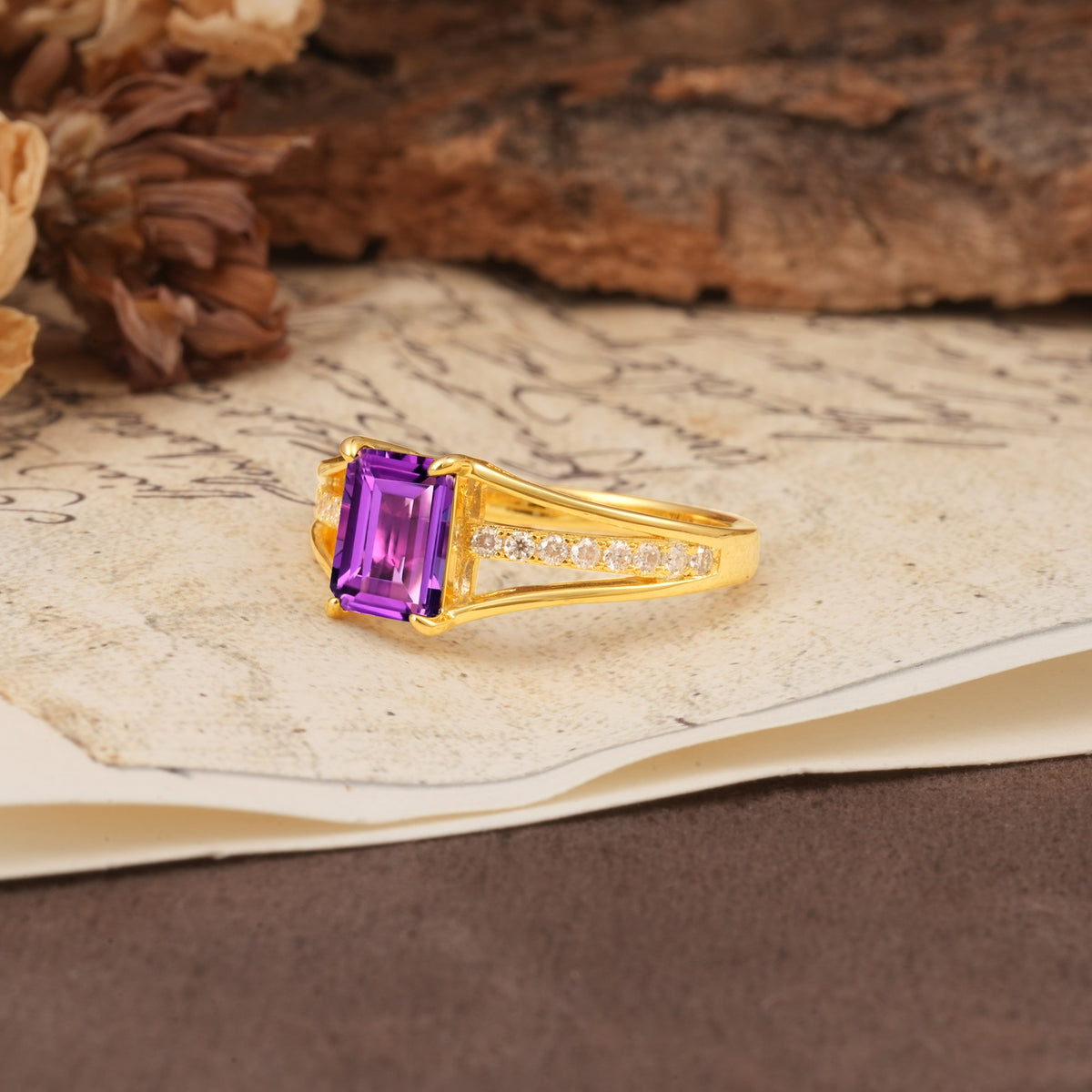 Unique and Luxurious 4-Prong Emerald Cut Amethyst Engagement Ring - Additional view