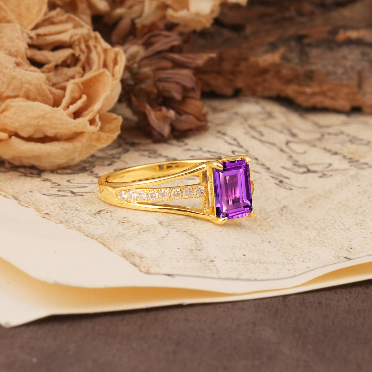 Unique and Luxurious 4-Prong Emerald Cut Amethyst Engagement Ring - Additional view