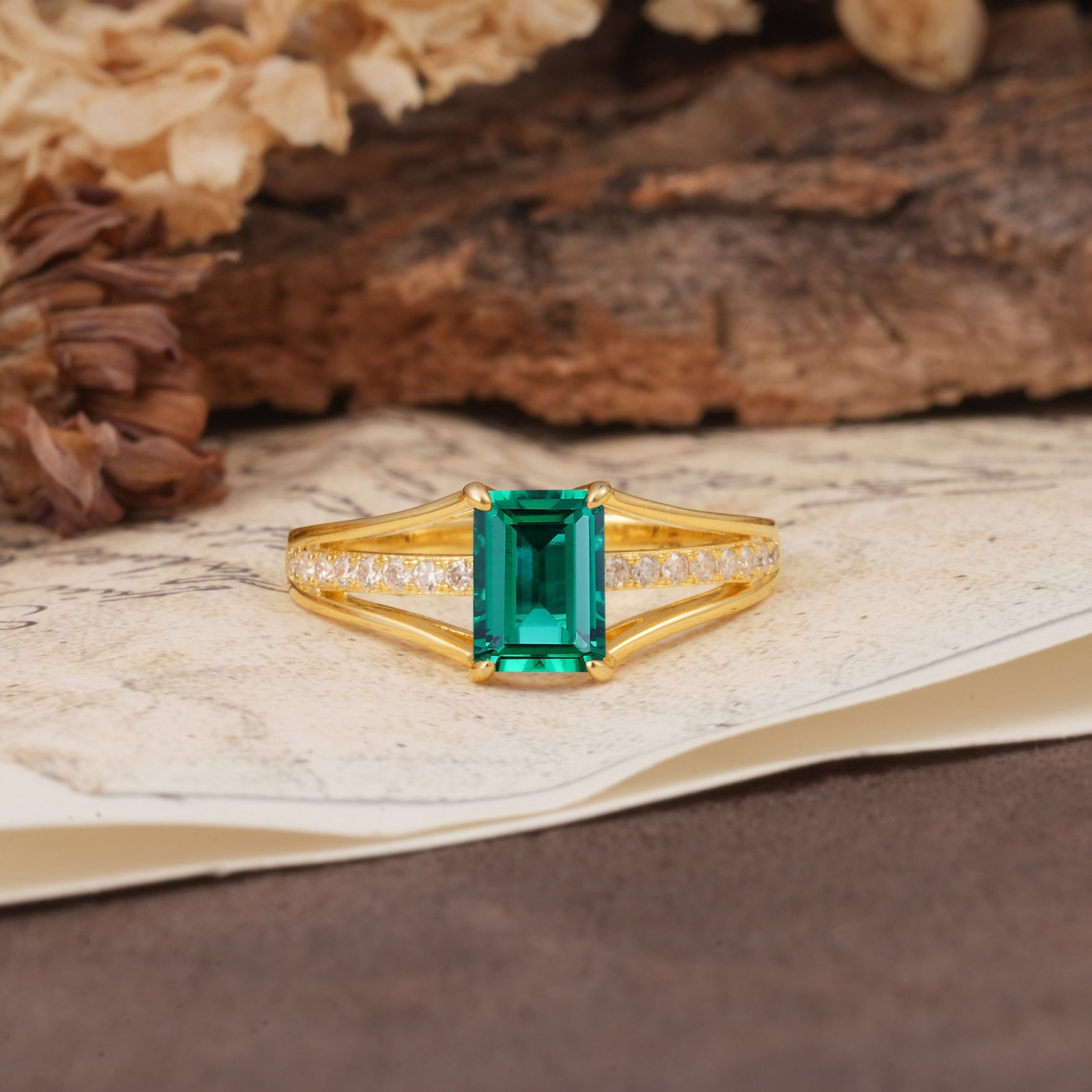 Unique and Luxurious 4-Prong Emerald Cut Emerald Engagement Ring - Additional view