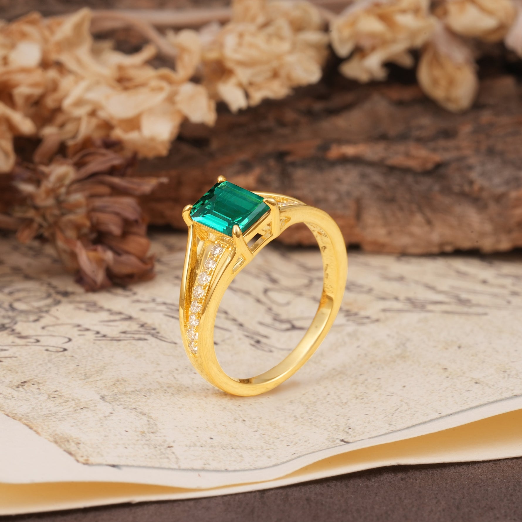 Unique and Luxurious 4-Prong Emerald Cut Emerald Engagement Ring - Additional view