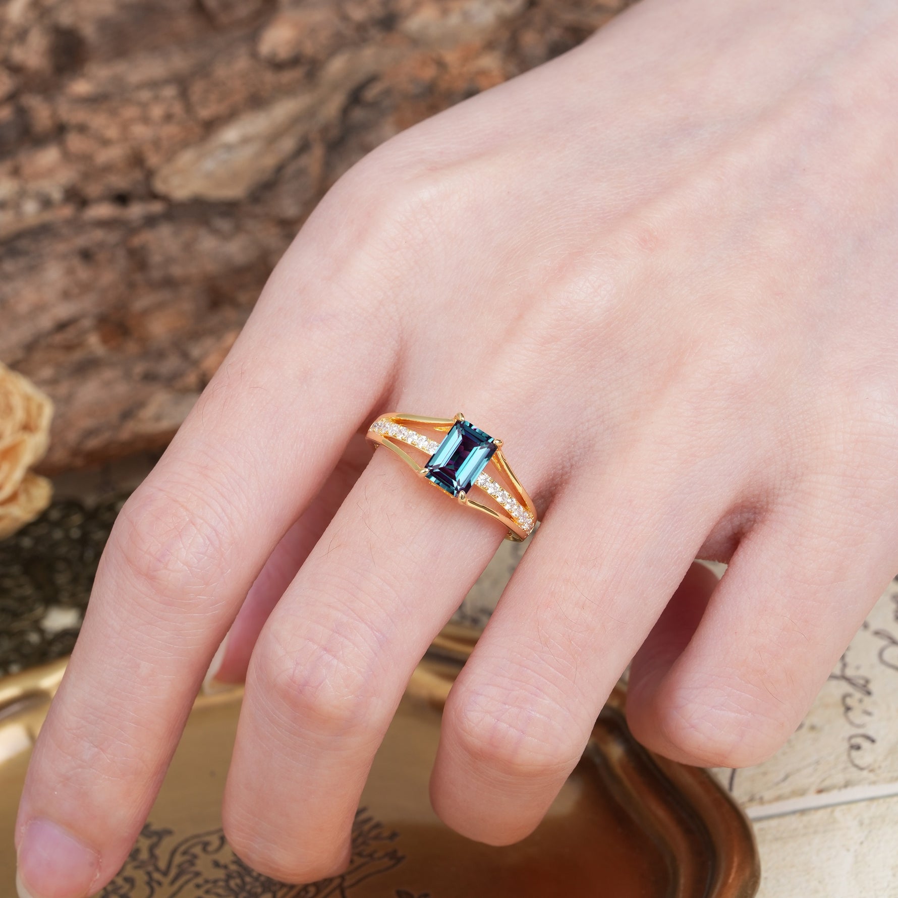 Unique and Luxurious 4-Prong Emerald Cut Alexandrite Engagement Ring - Additional view