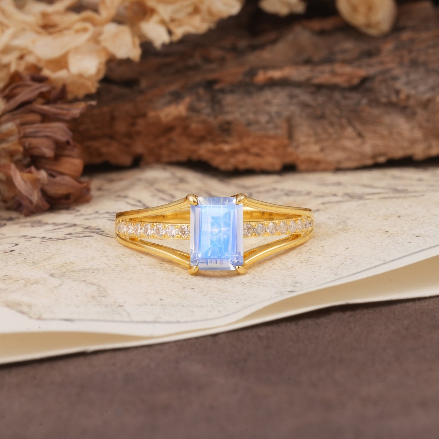 Unique and Luxurious 4-Prong Emerald Cut Moonstone Engagement Ring - Additional view