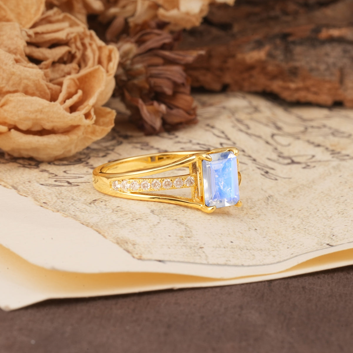 Unique and Luxurious 4-Prong Emerald Cut Moonstone Engagement Ring - Additional view