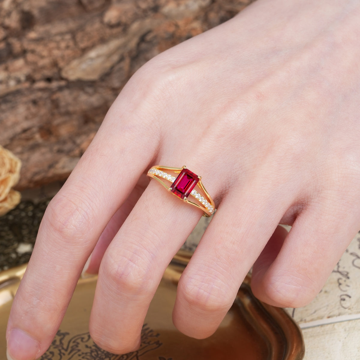 Unique and Luxurious 4-Prong Emerald Cut Ruby Engagement Ring - Additional view