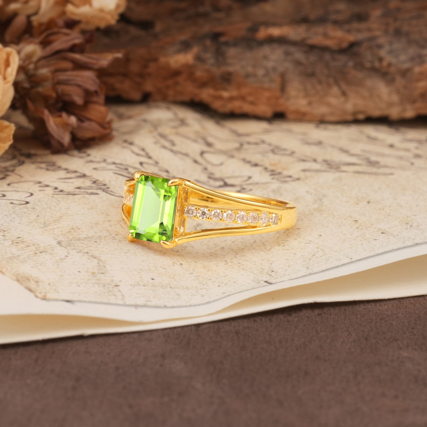 Unique and Luxurious 4-Prong Emerald Cut Peridot Engagement Ring - Additional view