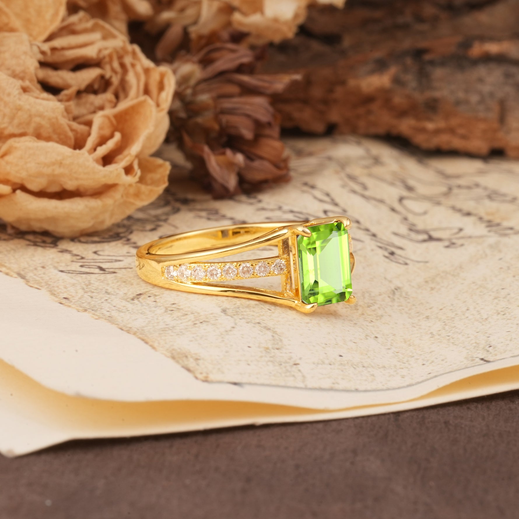 Unique and Luxurious 4-Prong Emerald Cut Peridot Engagement Ring - Additional view
