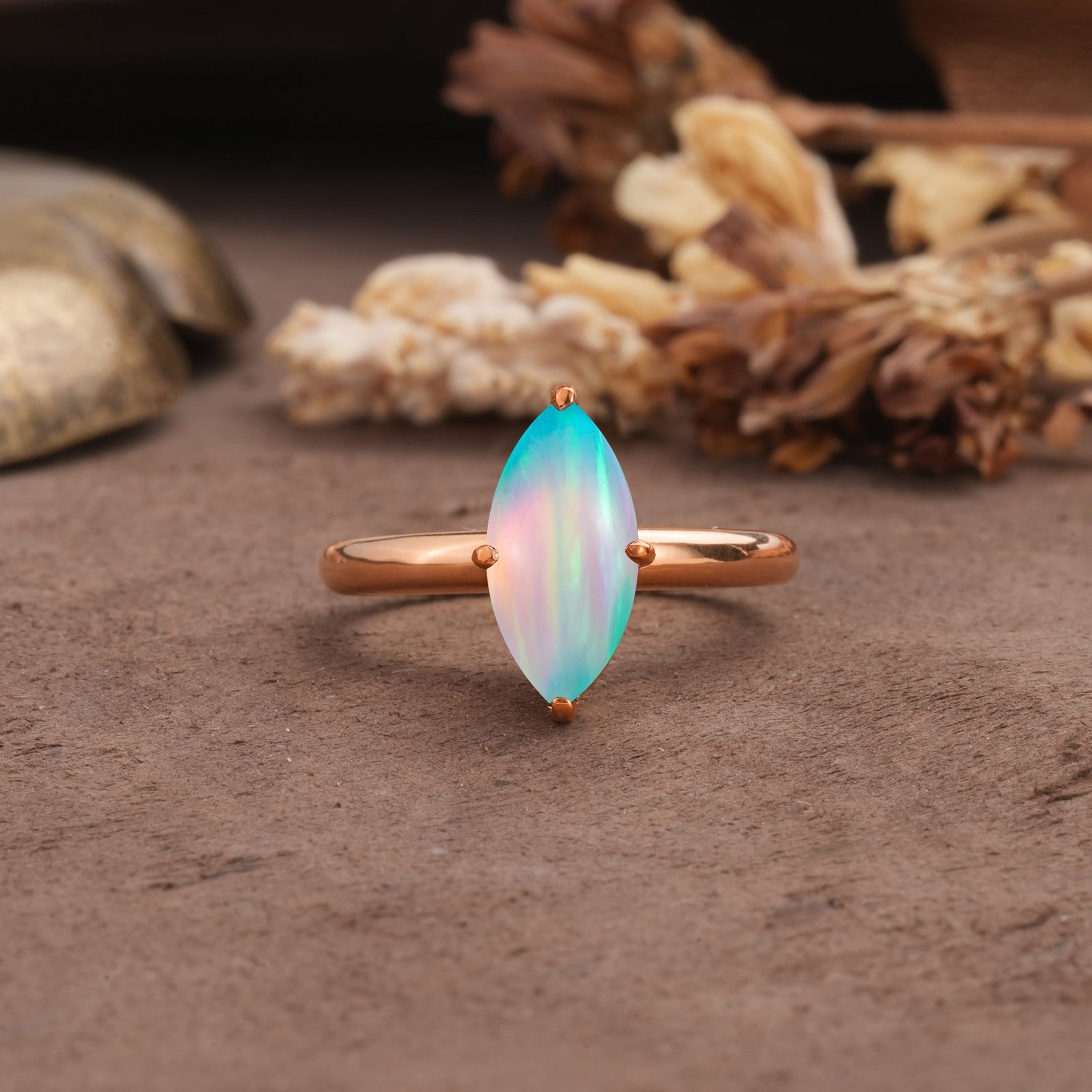 Unique and Luxurious 4-Prong Marquise Cut Fire Opal Engagement Ring - Additional view