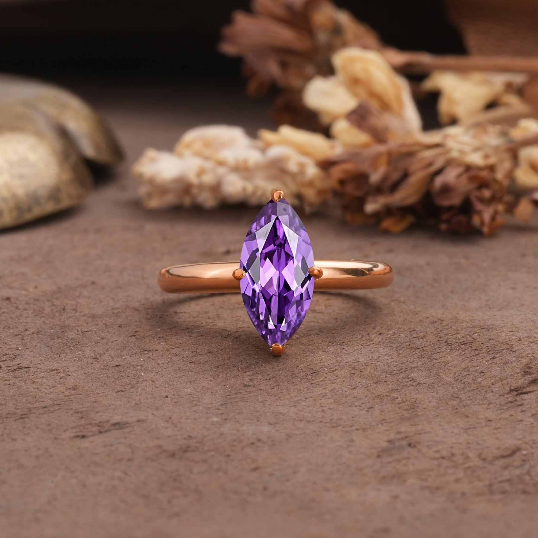 Unique and Luxurious 4-Prong Marquise Cut Amethyst Engagement Ring - Additional view