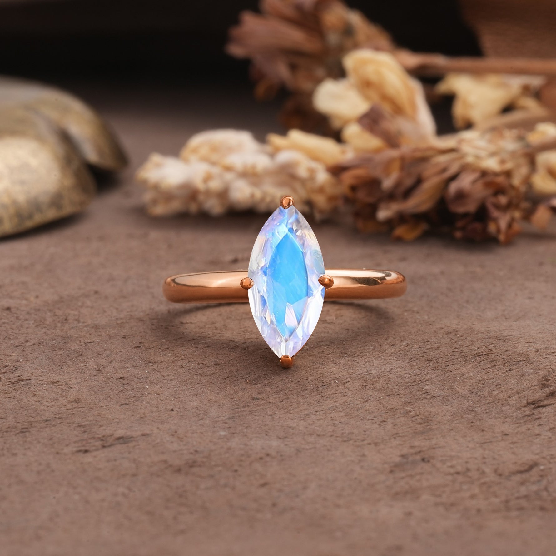 Unique and Luxurious 4-Prong Marquise Cut Moonstone Engagement Ring - Additional view
