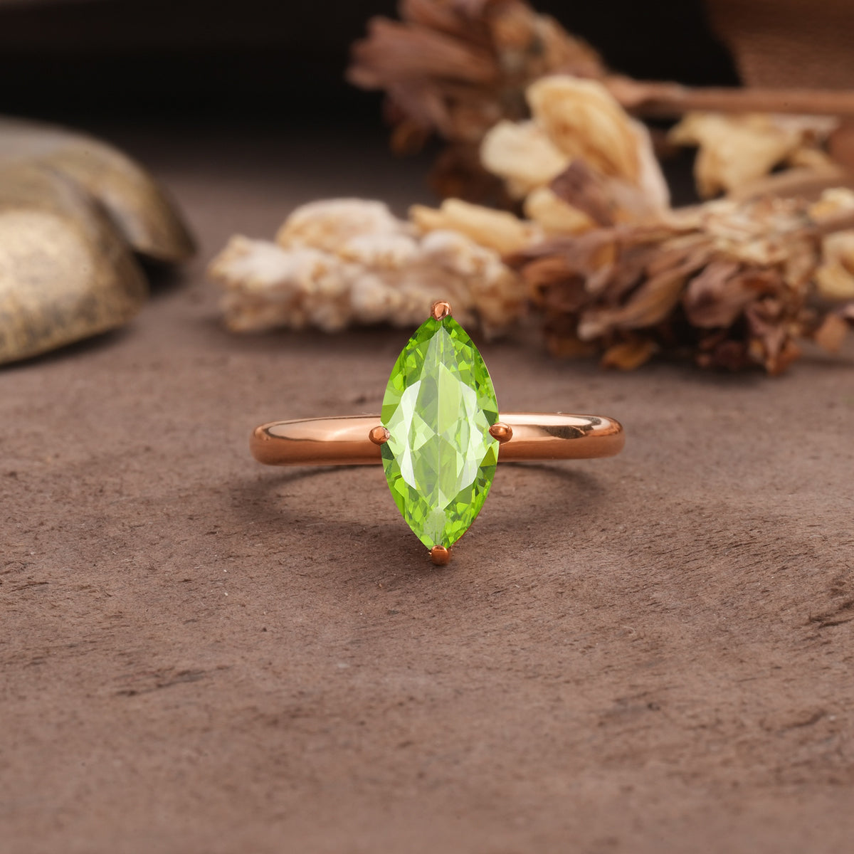 Unique and Luxurious 4-Prong Marquise Cut Peridot Engagement Ring - Additional view